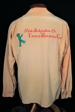 RARE VINTAGE 1950'S LT TAN BROWN SILKY RAYON SHIRT WITH BACK PRINTING SIZE MED