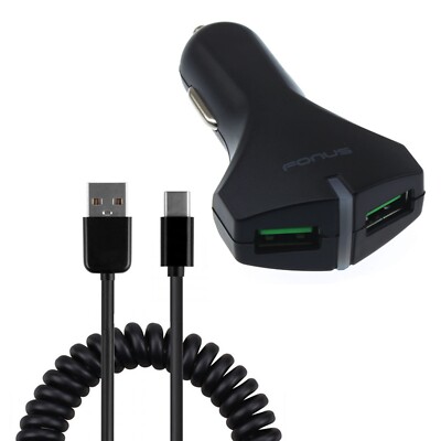 For Samsung Galaxy S24/Ultra/Plus - 36W Fast Car Charger 2-Port USB Coiled Cable
