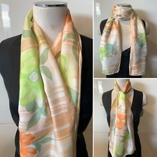 VINTAGE Silk Twill Floral Green,Apricot Combo Scarf 35cm x 145cm - Handroll Hems