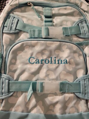 Pottery Barn Kids Mackenzie 17  Backpack Aqua Cheetah Glitter Monogram Carolina