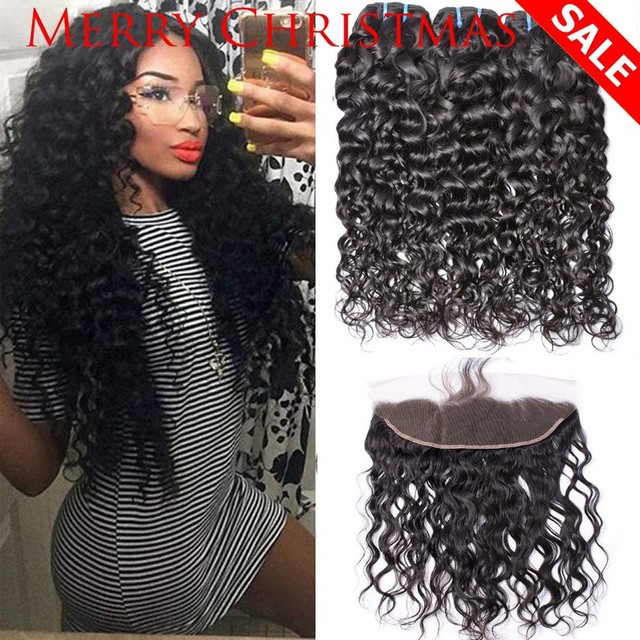 Brazilian Hair Water Wave 3 Bundles With Lace Frontal Closure 12