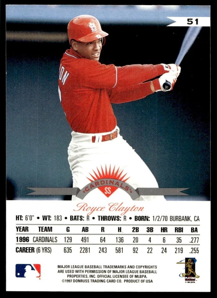 1997 Leaf Royce Clayton St. Louis Cardinals #51 - Image 2 of 2