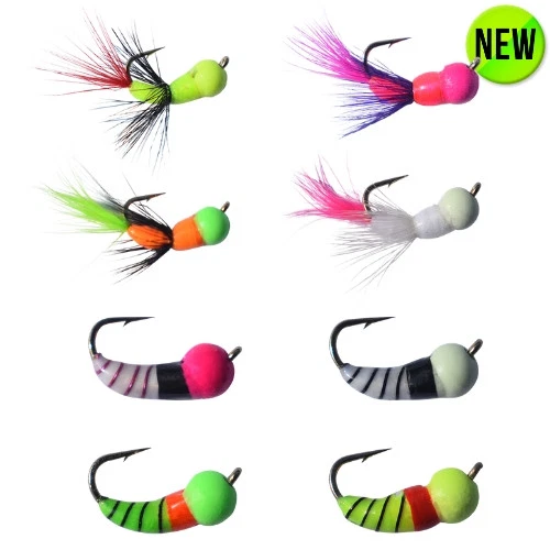 KENDERS OUTDOORS Ice Fishing Jigs - 8 Pack Akua Jig Tungsten Jig Series Flare and Skud