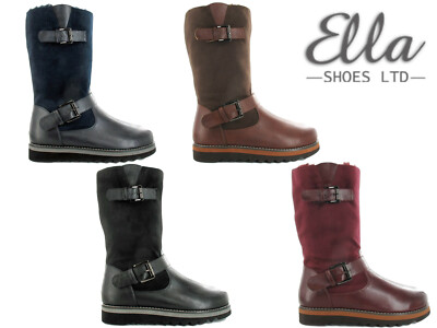 Damen Ella flache Stiefel halbhohe Schnalle Kunst-Wildleder Winter warm Kunstfellfutter