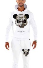Avenue George V Paris Tracksuit Men's White Sweatsuit Rhinestone Hoodie Bear