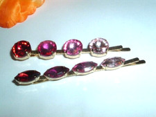 2 Vintage Art Deco Red and Pink Prong Set Rhinestones 2" Golden Bobby Pins