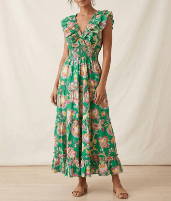 Caroline Constas Maxi Dress Tiered Ruffle Sleeveless Floral Green XS | eBay