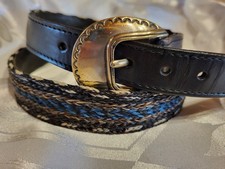 Vintage Belt Lyntone Size 32 Black Leather Blue Black Gray Woven Horse Hair