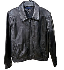 Vintage Men's Tommy Hilfiger Black Leather Bomber Jacket Zip Front Lined Small