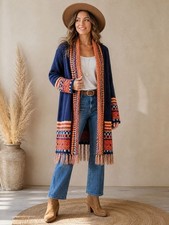 Aztec Tribal Open Cardigan With Fringe Bottom Size S/M Western Bohemian Indie