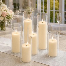 Set of 6 Pillar Candles with Clear Glass Hurricane Holders- Elegant Cylinder Can