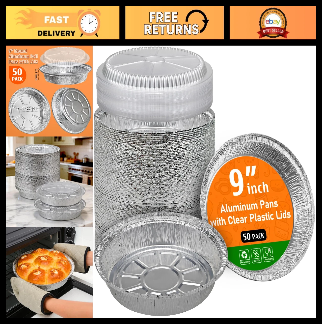 50 Pack 9" Round Disposable Aluminum Pans with Lids - Baking, Meal Prep & Takeou