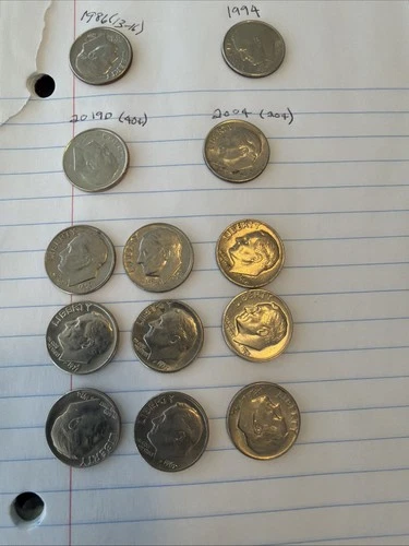 Roosevelt Dimes (Lot Of Thirteen): Dated 1966-2019