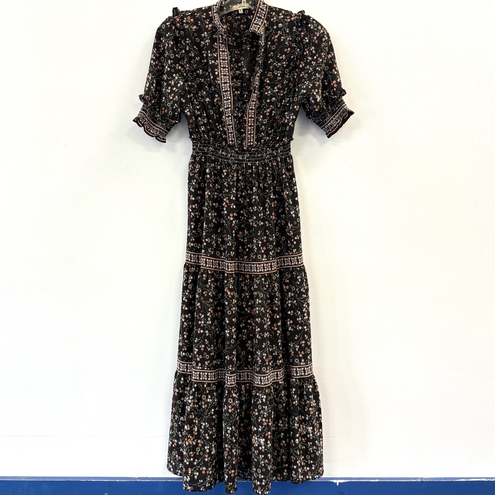 MAX STUDIO Peasant Tiered Long Dress Med Ruffle Neck Black Floral Smocked Waist