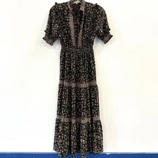 MAX STUDIO Peasant Tiered Long Dress Med Ruffle Neck Black Floral Smocked Waist