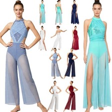 US Women Lyrical Modern Performance Dance Jumpsuit Halter Wide-leg Bodysuits