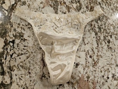 True Vintage Victoria Secret Second Skin Satin High Leg Thong Panties White Lace