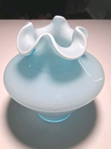 Fenton Ice Blue Vase With Rolled Edging 5 1/2 Inches Tall