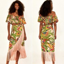 FARM Rio Fringe Hem Macaw Leaves Printed Midi Skirt Medium
