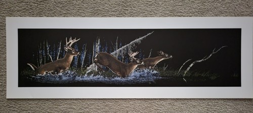 Gregg Murray scratchboard Deer in the Marsh print cardstock 27 x  11"
