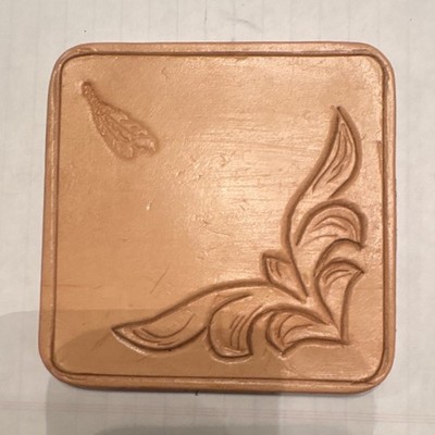 Handmade Embossed Leather Floral Square Coaster Set of 4 Copper Brown