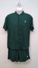 Men Outfit 2 Piece Set Short Sleeve Button Down Shirt and Shorts M Dark Green