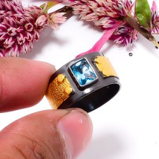 Blue Topaz Gemstone Black And Gold Plated 925 Sterling Silver Ring s.8.5 Sku39