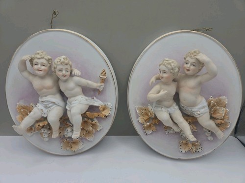  Arnart Japan Cherub Bisque Wall Hanging Plaques Set of 2 Vintage Nice!