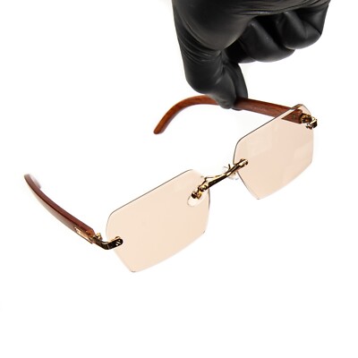 Beige Gradient Tint Hip Hop Rimless Men's Gold Frame Woodgrain Sunglasses
