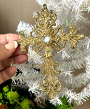 Vtg LG CROSS Gold Glitter GEM Rhinestone ORNAMENT Ornate CRUCIFIX Xmas Fancy