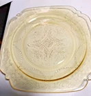 Vtg. Depression Federal Glass Madrid Luncheon Pl. Yellow Amber Sq 9"/Set Of 4