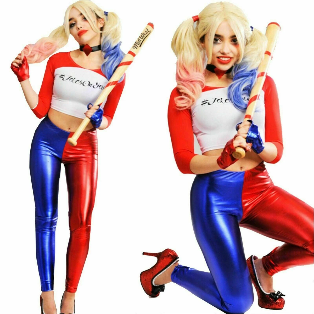 Girls Halloween Harley Quinn Suicide Squad Metallic Leggings Harlequin Hot Pants