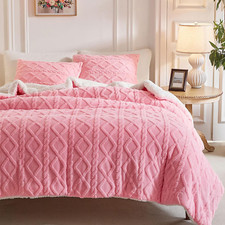 3-Piece Fluffy Faux Fur Sherpa Comforter Set Pink, Queen Size Luxury Tufted Bedd