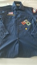 VTG blue Boy Scout Uniform Shirt sz 16 patches wolf bobcat bear usa flag etc
