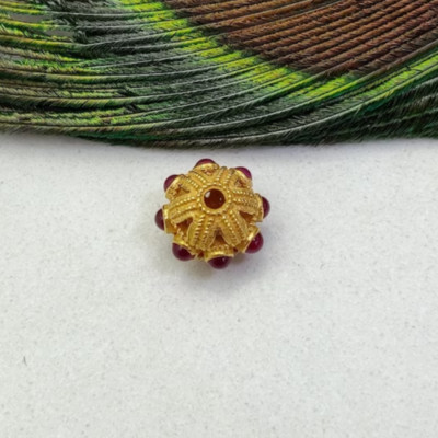 18k Gold bead with synthetic Ruby Stone, 10X9mm Gold Spacer Bead Finding