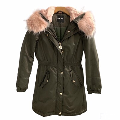 NWOT DKNY Big Girl Olive Green Hooded Long Anorak Jacket-Sz. Lg