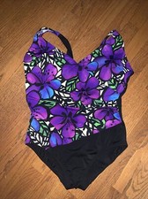 ROBBY LEN Fashions Vibrant Floral Purple Hibiscus Blue Black One Piece 14   180