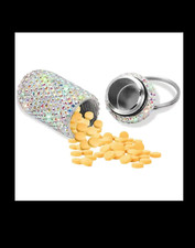 Mini Pill Bottle Keychain Bling Rainbow Crystal Encrusted Container Portable Box