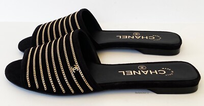 NIB 23B CHANEL BLACK SUEDE LEATHER GOLD CHAIN SLIDES FLATS MULES