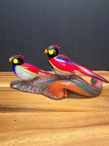 Murano Glass Sculpture Two Colorful Birds perched on Tree Limb One Of A Kind