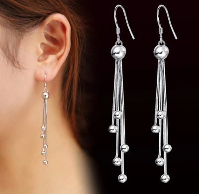 Women Dangle Drop Ball Tassel Chain Stud Silver Plated Earrings Gift Party TH5