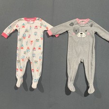 Carters Baby Girls 12M Fleece Footed Pajamas Lot of 2 Animal Theme Pink Gray 