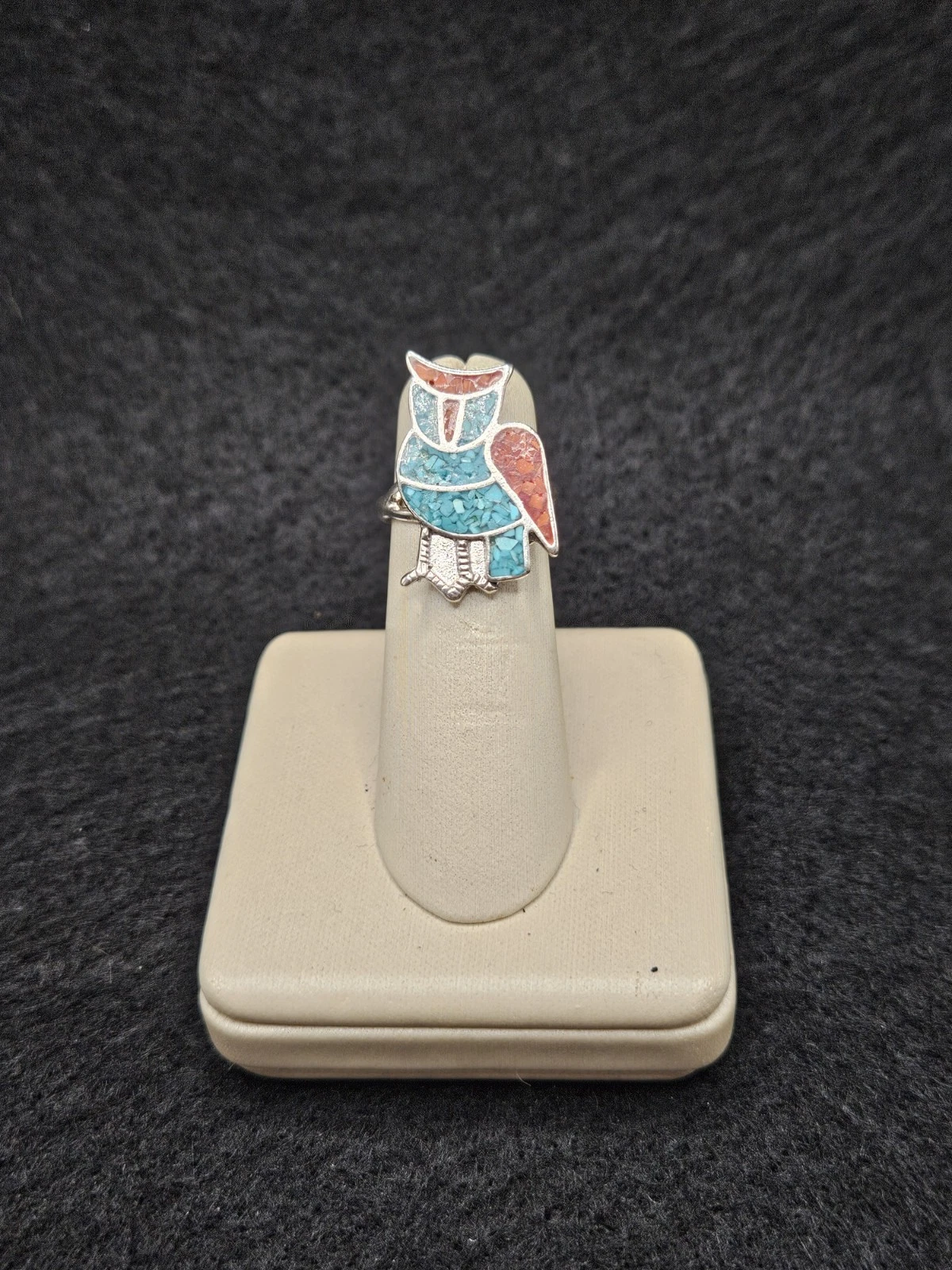 Vintage Sterling Silver 925 Navajo Owl Turquoise & Coral Ring Size 4.5 24mm 4g