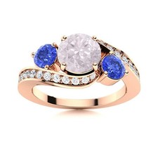 Round Pink Quartz  Tanzanite 925 Sterling Silver Rose Plated Three Stone Ring