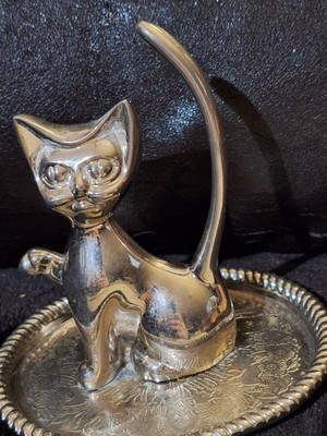 Vtg.Silver Plated Tray with Silver Plated Cat Ring Holder/Trinket Dish~#4006
