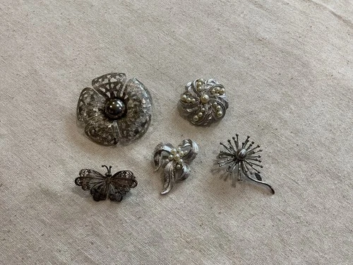 Vintage Lot Costume Jewelry Flower Brooches Pins & 800 Silver Filigree Butterfly