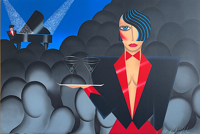 Robin Morris ALONE IN A CROWD Signed Lithograph, Art Deco Cocktail Waitress 1988