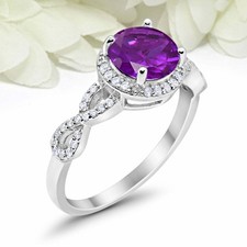 2ct Natural Purple Amethyst Ring Twist Shank Halo 14K White Gold Plated