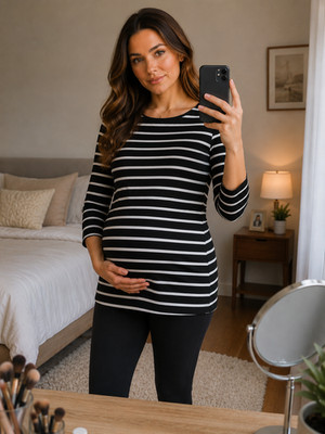 Womens Isabel Maternity Black White Striped 3/4 Sleeve Top New with Tags