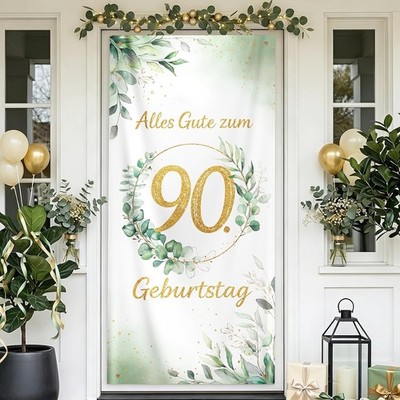Türbanner 90 Geburtstag Eukalyptus Grün Gold Deko 185x90cm Fotohintergrund